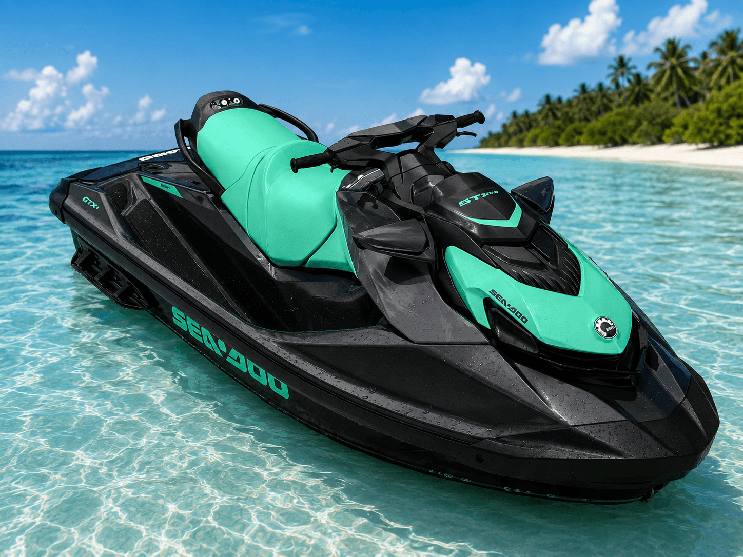 Black and turquoise Sea-Doo personal watercraft on clear tropical water